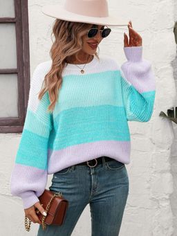 Oh Rare - Turquoise Color-Blocked Round Neck Sweater for Women