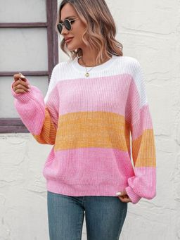 Oh Rare - Pink Color-Blocked Round Neck Sweater for Women