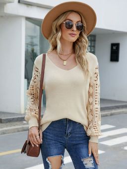 Oh Rare - Beige Knitted Solid Sweater for Women