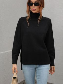 Oh Rare - Black Solid Color Turtleneck Sweater for Women