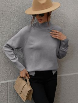 Oh Rare - Grey Solid Color Turtleneck Sweater for Women