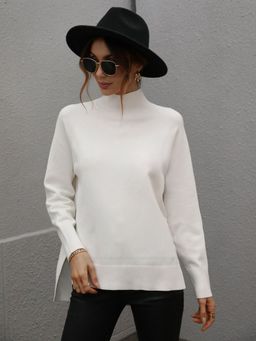 Oh Rare - White Solid Color Turtleneck Sweater for Women