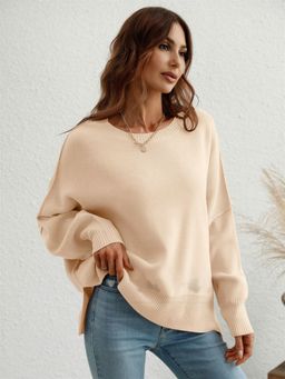 Oh Rare - Beige Women's Round Neck Knitted Loose Slit Pullover Sweater for Women