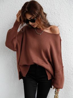 Oh Rare - Brown Women's Round Neck Knitted Loose Slit Pullover Sweater for Women