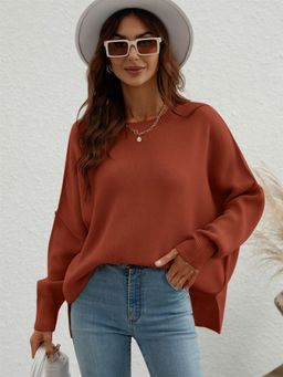 Oh Rare - Rust Women's Round Neck Knitted Loose Slit Pullover Sweater for Women