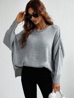 Oh Rare - Grey Women's Round Neck Knitted Loose Slit Pullover Sweater for Women