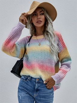 Oh Rare - Multi-Color Printed Round Rainbow Sweater for Women