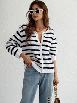 Oh Rare - White Striped Knitted Single-Breasted Cardigan