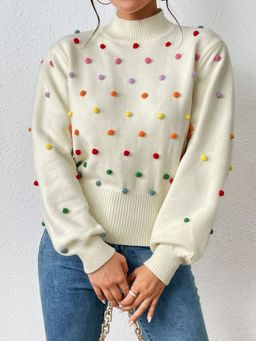 Oh Rare - Off White Colorful Thread Ball Sweater Women