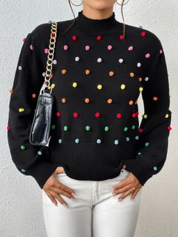 Oh Rare - Black Colorful Thread Ball Sweater Women