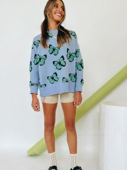 Oh Rare - Blue Printed Butterfly Round Neck Knitwear Pullover Women's Sweater