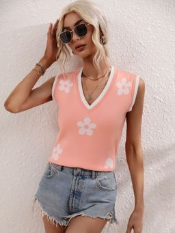 Oh Rare - Peach Printed V-Neck Sleeveless Knitted Flower Sweater