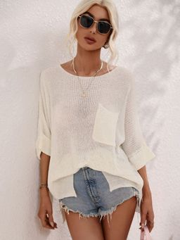 Oh Rare - Off White Knitted Solid Women's Sweater