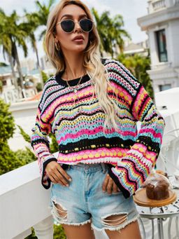 Oh Rare - Black Loose Intercolor Round Neck Self Design Sweater for Women