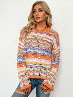 Oh Rare - Orange Loose Intercolor Round Neck Self Design Sweater for Women