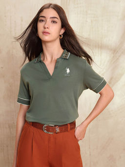 U.S. POLO ASSN. - Women Green Cotton Polo T-Shirt
