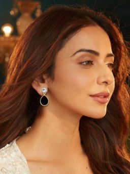 Accessher - Women Gold Plated Teardrop Black-White Stone Enamel Drop Earrings