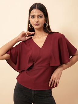 Twenty Dresses by Nykaa Fashion - Maroon Solid V Neck Cape Top