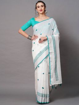 Odette - White Festive Linen Blend Embellished Saree with Unstitched Blouse