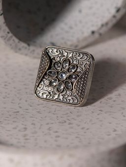 Priyaasi - Antique Oxidised Silver Plated Floral Ring