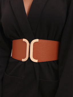 Pipa Bella by Nykaa Fashion - Classic Tan Wide Faux Leather Gold Interlock Belt