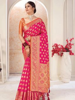 Odette - Womens Pink Silk Blend Printed Saree with Unstitched Blouse