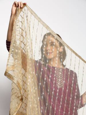 Dupatta (Écharpe) En Mousseline De Soie Avec Broderie Dorée - Pour Femme - Tenue Traditionnelle Ou Élégante
