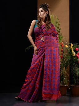 CHARUKRITI - Red & Blue Handwoven Saree with Floral & Paisley Designs