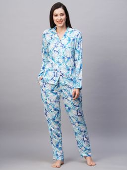 Drape In Vogue - Women White With Blue Floral Print Night Suit (Set of 2)