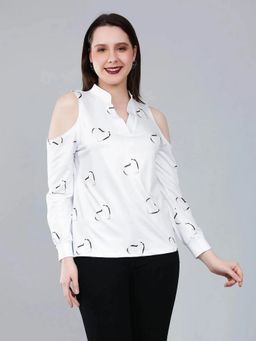 ANNY - Women White Cold Shoulder Heart Printed Blouse Top