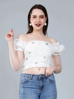 ANNY - Women White Puff Shoulder Smocked Crop Top