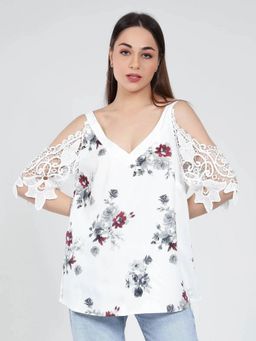 ANNY - Women white Cold Shoulder Lace Sleeves Blouse Top