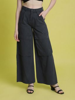 Bene Kleed - Women High-Rise Wide Leg Pleated Grey Pant