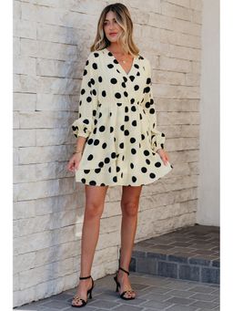 Errabelly - Women Beige Polka Dot Printed Surplice V Neck Puff Sleeve Dress