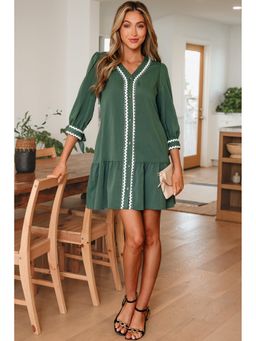 Errabelly - Women Canton Contrast Ricrac Trim Button Knotted Bracelet Sleeve Shift Dress