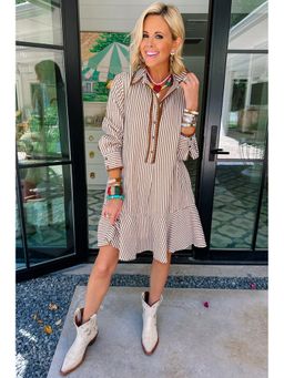 Errabelly - Women Khaki Stripe Shirt Collar Embroidered Trim Ruffle Hem Dress