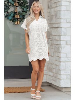 Errabelly - Women White Eyelet Embroidered Cotton T Shirt Dress