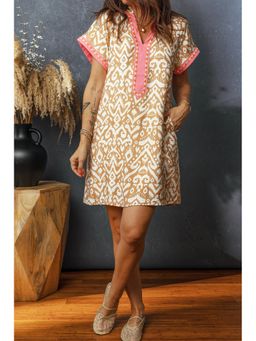 Errabelly - Women Khaki Western Fashion Printed Color Block Patchwork Shift Dress