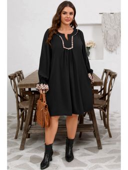 Errabelly - Women Black Plus Size Leopard Trim Flounce Long Sleeve Shift Dress