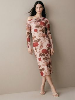 Outzidr - Women Beige Mesh Printed Off-Shoulder Dress