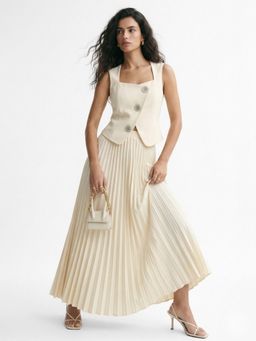 Outzidr - Women Cream Sleeveless Vest With Pleated Skirt