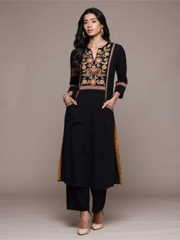 Ritu Kumar - Black Carpet Kurta with Pant (Set of 2)