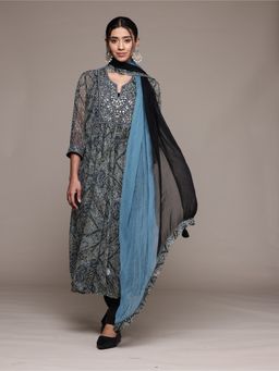 Ritu Kumar - Black Avanti Kurta with Churidar and Dupatta (Set of 3)