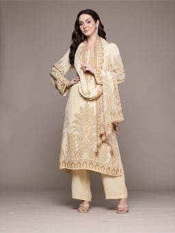 Ritu Kumar - Beige Arith Kurta with Pant and Dupatta (Set of 3)
