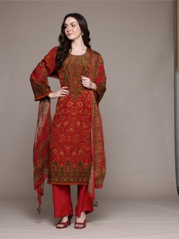 Ritu Kumar - Red Sonmarg Kurta with Pant and Dupatta (Set of 3)