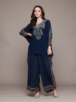 Ritu Kumar - Blue Arith Printed Kaftan with Pant and Inner (Set of 3)