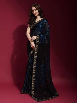 Odette - Black and Blue Georgette Sequence Saree with Unstitched Blouse