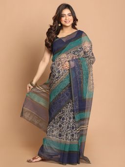 Indethnic - Navy Blue Floral Printed Cotton Blend Saree with Unstitched Blouse