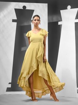 CHARUKRITI - Tea Green Georgette High-Low Ruffled Stitched Dress