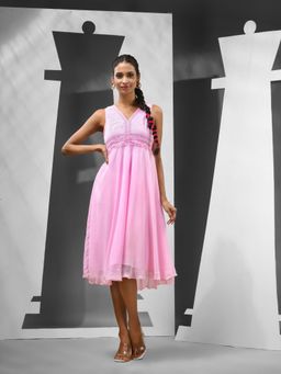 CHARUKRITI - Pink Georgette Stitched Dress with Lace Detailing